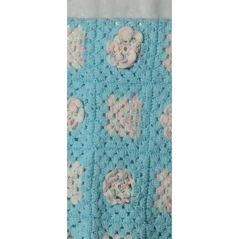 Hand Made 3D Floral Granny Square LtBlue and White With a little Sparkle Blanket